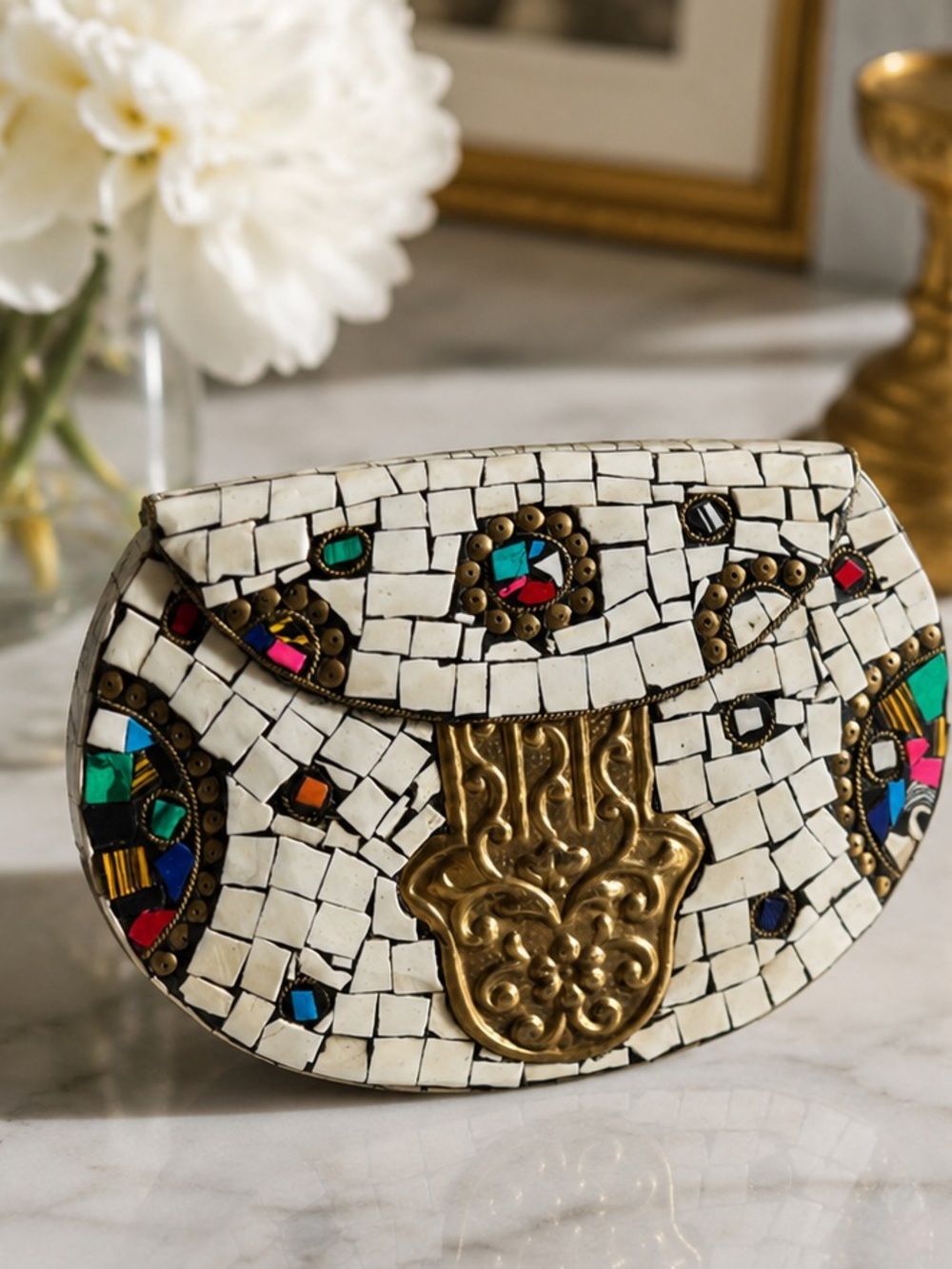 Ramla Mosaic Clutch with Gold Accents
